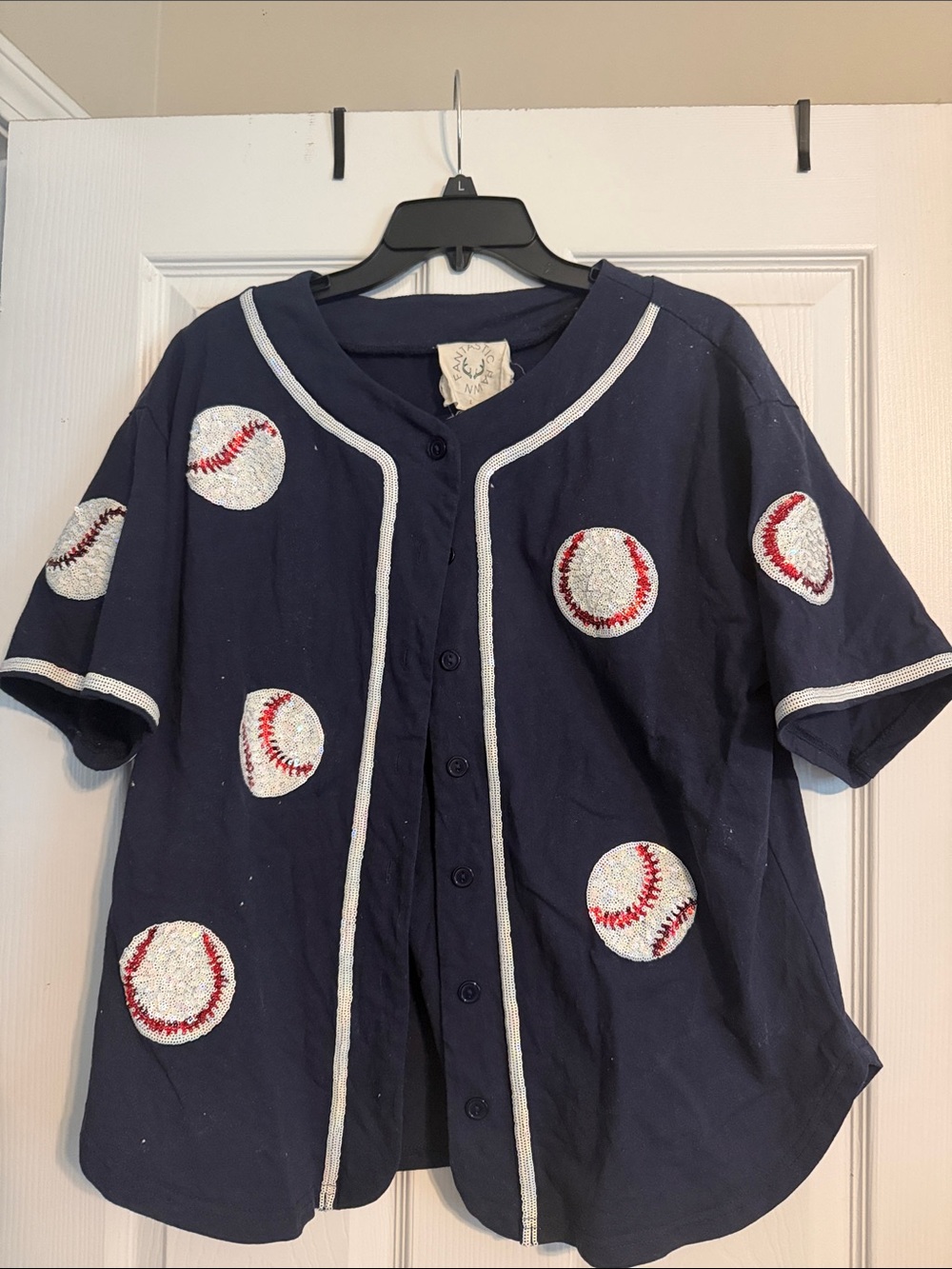 Sequined Baseball Button-Up Shirt - size large, navy